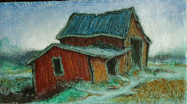Red barn with blue roof (Hollis)